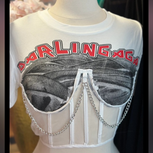 Swank A Posh Tops - NWOT XL cropped cotton tee with mesh corset and chain detail on front lace up